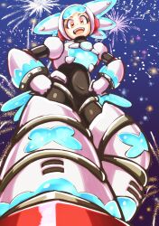  1girl :d absurdres aerial_fireworks android aqua_hair armor black_bodysuit blue_background bodysuit boots breastplate covered_navel english_commentary fireworks from_below gloves hands_on_own_hips helmet highres kotatuman_dash looking_at_viewer mega_man:_dual_override mega_man_(classic) mega_man_(series) open_mouth red_eyes smile solo twinkle_girl white_armor white_boots white_gloves white_helmet 