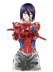  1girl \m/ animal_print artist_name blue_bodysuit blush bodysuit bonkeydong chainsaw_man commentary cosplay cowboy_shot double_\m/ english_commentary green_eyes grey_pants grin hair_between_eyes highres looking_at_viewer marvel multicolored_suit one_eye_closed pants purple_hair red_bodysuit reze_(chainsaw_man) simple_background smile solo spider-man spider-man_(cosplay) spider-man_(original_suit) spider-man_(series) spider_print spider_web_print superhero_costume teeth twitter_username two-tone_suit white_background 
