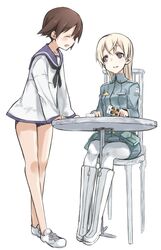  blonde_hair boots brown_hair closed_eyes eila_ilmatar_juutilainen long_hair miyafuji_yoshika multiple_girls pantyhose sasaki_kouhei shirokuro short_hair sitting strike_witches tarot white_legwear white_pantyhose 