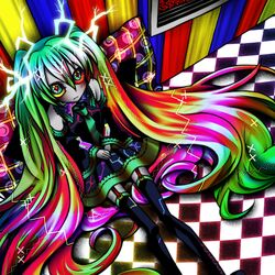  abstract bad_id checkered colorful detached_sleeves hatsune_miku highres long_hair ninomae solo thigh-highs thighhighs twintails very_long_hair vocaloid 