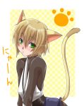  animal_ears blazblue blonde_hair blush cat_ears green_eyes highres jin_kisaragi paw_print shou_(trickster1999) tail trap trickster1999 