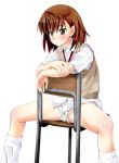  brown_hair iwasaki_takashi misaka_mikoto school_uniform short_hair shorts sitting sitting_backwards spread_legs to_aru_kagaku_no_railgun to_aru_majutsu_no_index 