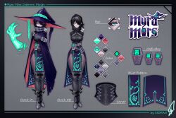  1girl absurdres amputee aqua_eyes armless_amputee belt black_cloak black_corset black_hair black_sweater chain character_name cloak corset double_amputee hat highres indie_virtual_youtuber magic magic_arm myra_mors_(vtuber) pelvic_curtain reference_sheet second-party_source short_hair sigman sweater transparent_background virtual_youtuber witch_hat 