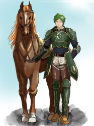  1boy absurdres arm_behind_back armor closed_eyes closed_mouth commentary_request facing_viewer fire_emblem fire_emblem:_path_of_radiance green_armor green_hair highres horse male_focus oscar_(fire_emblem) peronchoxxx short_hair 