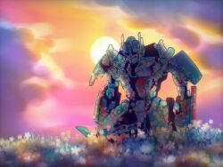  absurdres commentary death els_qan[t] english_commentary field film_grain flower flower_field gundam gundam_00 gundam_00_a_wakening_of_the_trailblazer highres in_memoriam klonartdotcom kneeling mecha multicolored_flower optimus_prime overgrown peter_cullen robot sun sunset transformers transformers_(live_action) 