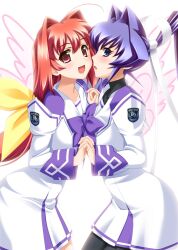 2girls angel_wings arched_back black_pantyhose blue_eyes blue_hair bou breast_press fingers_together hair_between_eyes hair_ribbon hair_vents highres kagami_sumika large_bow long_image long_sleeves looking_at_viewer mitsurugi_meiya muvluv official_art pantyhose pleated_skirt puffy_long_sleeves purple_cuffs purple_trim red_eyes red_hair sailor_collar school_emblem school_uniform striped_skirt turtleneck turtleneck_bodysuit white_ribbon wings