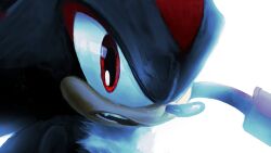  1boy absurdres animal_nose black_fur black_nose body_fur chest_fur close-up fangs furry furry_male hedgehog_boy highres red_eyes rythayze shadow_the_hedgehog sonic_(series) two-tone_fur 