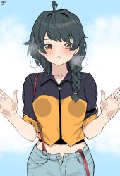  1girl against_fourth_wall against_glass ahoge blue_pants blue_sky blush braid breast_press breasts breasts_on_glass brown_eyes commentary commission denim digimon digimon_alysion digimon_card_game english_commentary grey_hair hair_over_shoulder hand_on_glass highres hondo_kanata jeans looking_at_viewer medium_breasts medium_hair norman_maggot open_fly pants side_braid single_braid single_suspender_hanging sky solo suspenders two-tone_shirt zipper_pull_tab 