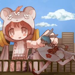  2girls animal_ears animal_hood blue_hair blue_sky building butter_run cherna_mouse city clouds commentary_request floral_print frilled_thighhighs frills gekokujou_hana giant giantess hood japanese_clothes kimono magical_girl mahou_shoujo_ikusei_keikaku mahou_shoujo_ikusei_keikaku_limited mahou_shoujo_ikusei_keikaku_restart multiple_girls orange_hair rabbit_ears rabbit_girl running short_hair sky thigh-highs white_kimono white_thighhighs wide_sleeves 