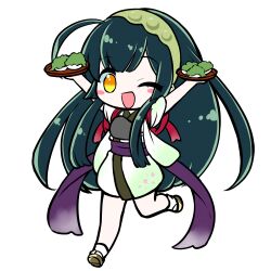  1girl :d ;d absurdres ahoge blush_stickers chibi chibi_only edomura_niniko full_body green_hair green_hairband green_kimono hairband highres holding holding_plate japanese_clothes kimono long_hair obi official_art okobo one_eye_closed open_mouth plate platform_sandals purple_sash sandals sash second-party_source short_sleeves simple_background smile socks solo standing standing_on_one_leg tabi touhoku_zunko transparent_background very_long_hair voiceroid white_socks yellow_eyes zunda_mochi 