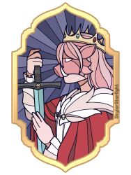  1boy cape commentary crown english_commentary from_side fur_trim hair_between_eyes highres holding holding_sword holding_weapon long_hair male_focus minecraft_youtube pig_mask pink_hair red_cape skylarstarl solo stained_glass_print sword technoblade tusks upper_body weapon 