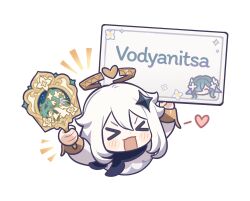  2girls arms_up blush character_name chibi closed_eyes english_text flower furrowed_brow genshin_impact green_hair hair_between_eyes hair_flower hair_ornament hair_over_one_eye halo heart highres holding holding_paddle holding_sign long_hair long_sleeves multiple_girls official_art open_mouth paddle paimon_(genshin_impact) pale_skin scarf short_hair sign sparkle sparkle_hair_ornament upper_body vodyanitsa_(genshin_impact) white_background white_hair 