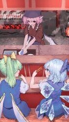 3girls absurdres animal_ears apron ascot bird_ears bird_wings blue_apron blue_bow blue_dress blue_eyes blue_hair blue_skirt blue_vest bow brown_kimono brown_sash cirno cleaning closed_eyes closed_mouth collared_shirt commentary_request commission cooking cup daiyousei detached_wings dress fairy fairy_wings food food_on_face food_stand green_hair grill grilling hair_bow highres holding holding_cup holding_skewer ice ice_wings japanese_clothes kimono multiple_girls mystia_lorelei obi okamisty one_side_up open_mouth pinafore_dress pink_hair puffy_short_sleeves puffy_sleeves sash shirt short_sleeves sitting skeb_commission skewer skirt sleeveless sleeveless_dress smile tasuki touhou vest white_shirt wings yatai yellow_ascot yellow_bow yuara yunomi 
