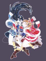  2girls absurdres aijo_karen at_knifepoint badge belt belt_buckle blossom_bright_(dagger) blue_eyes blue_hair blue_jacket blue_skirt boots brown_boots brown_eyes brown_hair buckle buttons colored_skin commentary crown dagger double-breasted duel eye_contact floating floating_hair full_body fur-trimmed_jacket fur_trim glint grey_background hand_up highres holding holding_dagger holding_knife holding_sword holding_weapon jacket jacket_on_shoulders kagura_hikari knife leg_up long_hair long_sleeves looking_at_another masking_tape_(medium) mini_crown miniskirt mr._white_(revue_starlight) multicolored_jacket multiple_girls no_mouth outline pleated_skirt possibility_of_puberty_(sword) red_jacket red_sash red_skirt sash short_hair shoujo_kageki_revue_starlight shoulder_sash simple_background single_horizontal_stripe skirt sparkle_hair_ornament string striped_clothes striped_skirt stuffed_animal stuffed_toy sword teddy_bear tmsmmms two-tone_jacket two_side_up unconventional_media waist_cape weapon white_jacket white_outline white_skin yellow_belt 