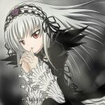  frills gothic_lolita hairband hands_clasped lolita_fashion long_hair orange_eyes ribbon rozen_maiden silver_hair solo suigintou taka_light 