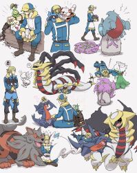  1boy :d :o ? ^^^ ^_^ a_nori apricorn apron arms_up aspear_berry backpack bag basket belt belt_buckle berry_(pokemon) blonde_hair blue_hat blue_jumpsuit boots brown_bag brown_belt brown_boots buckle budew cheek-to-cheek claws closed_eyes commentary_request covered_eyes covering_own_eyes crushed dog evolution_stone eye_contact facing_away fangs flower flying flying_sweatdrops from_behind fur-trimmed_jumpsuit fur-trimmed_sleeves fur_trim gabite garchomp gible ginkgo_guild_uniform giratina giratina_(altered) giratina_(origin) grass hair_bun hair_over_one_eye hanging_on hat heads_together heart highres hisuian_arcanine hisuian_growlithe holding holding_basket holding_flower hyper_potion jumpsuit log long_sleeves looking_at_another looking_back looking_to_the_side lucario lying male_focus multiple_views musical_note nervous_sweating notice_lines nugget_(pokemon) nuzzle on_shoulder on_stomach one_eye_covered open_mouth oran_berry parted_bangs pecha_berry pink_flower pokemon pokemon_(creature) pokemon_legends:_arceus pokemon_on_shoulder profile razz_berry red_eyes riolu roselia_(pokemon) roserade sack saliva scared shaded_face sharp_teeth shiny_stone_(pokemon) short_hair sidelocks simple_background single_hair_bun sitting sitting_on_log sleeping smile speech_bubble spiritomb spoken_object spoken_question_mark sweat swept_bangs teeth togekiss togepi togetic two-tone_hat volo_(pokemon) walking watermark white_apron white_background white_hair yellow_eyes yellow_flower yellow_hat zzz 