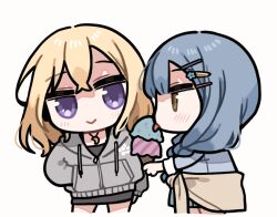  2girls :> bang_dream! bang_dream!_it's_mygo!!!!! blonde_hair blue_hair blush clipe commentary_request crescent crescent_necklace cropped_legs eating food hair_ornament hairclip hand_in_pocket ice_cream ice_cream_cone jewelry licking licking_food long_hair long_sleeves medium_hair misumi_uika multiple_girls multiple_hairclips necklace simple_background togawa_sakiko tongue tongue_out violet_eyes white_background yellow_eyes 