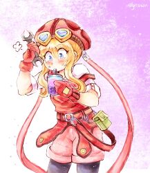  1girl alyossan artist_name belt belt_pouch beret black_pantyhose blonde_hair blue_eyes bubble_tea commentary cup dirty dirty_face disposable_cup double-parted_bangs drinking drinking_straw drinking_straw_in_mouth eiyuu_densetsu english_commentary gloves goggles goggles_on_head hair_between_eyes hat hat_ribbon highres holding holding_cup holding_wrench huffing long_sidelocks overalls pantyhose pink_background pink_hat pink_shorts pouch red_belt red_gloves red_overalls ribbon shirt short_sleeves shorts sidelocks solo sora_no_kiseki sora_no_kiseki_sc strap_slip tita_russell tool_belt two-tone_background upper_body white_background white_shirt wrench 