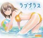  bad_id ball beachball bikini brown_eyes brown_hair looking_back love_plus mayo_riyo mole smile solo swimsuit traditional_media water 