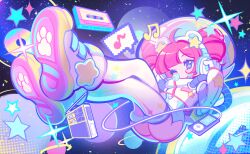  1girl 2d ahoge alternate_costume alternate_hairstyle animal_ear_headphones animal_ears aqua_leotard astronaut astronaut_helmet beamed_eighth_notes bear_ears blowing_bubble_gum blue_leotard bodysuit breasts bubblegum buro_(muse_dash) cassette_tape cd cosmic_radio cropped_jacket dot_nose eighth_note fake_animal_ears female foreshortening full_body game_cg gloves halftone hands_on_headphones headphones headset helmet highres jacket legs leotard looking_at_viewer mp3_player muse_dash musical_note nori_jooy official_art one_eye_closed paw_print paw_print_soles pink_eyes pink_hair pixel_art planet radio shoe_soles short_twintails small_breasts sneakers solo space space_helmet sparkle speech_bubble spoken_musical_note star star_(symbol) star_in_eye star_print suit symbol_in_eye tagme thighhighs twin_drills twintails yellow_radio 