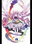  amano_miyabi book colorful floating_hair floating_object flying_paper hat highres long_hair magic outstretched_arms paper patchouli_knowledge pillarboxed planet purple_eyes purple_hair rainbow_order solo spread_arms touhou traditional_media very_long_hair violet_eyes watercolor_(medium) 