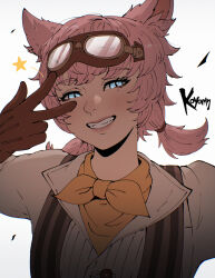  animal_ears blue_eyes character_request copyright_request freckles gloves goggles goggles_on_head handkerchief highres koyorin looking_at_viewer pale_skin pink_hair signature smile star_(symbol) twintails white_background 