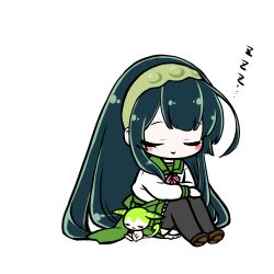  1girl :> absurdres ahoge black_thighhighs blush_stickers brown_shoes chibi chibi_only closed_eyes closed_mouth edomura_niniko full_body green_hair green_hairband green_sailor_collar green_skirt hairband highres knees_up long_hair long_sleeves neck_ribbon official_art pink_ribbon pleated_skirt ribbon sailor_collar school_uniform second-party_source serafuku shirt shoes simple_background sitting skirt sleeping smile solo thigh-highs touhoku_zunko transparent_background utau very_long_hair voiceroid white_shirt zundamon zundamon_(utau) zzz 
