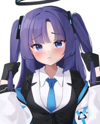  1girl black_gloves black_jacket blue_archive blue_eyes blue_necktie blush breasts closed_mouth collared_shirt commentary_request frown gloves hair_ornament half_gloves halo hands_up highres holding holding_own_hair jacket long_hair long_sleeves looking_at_viewer mechanical_halo medium_breasts necktie off_shoulder open_clothes open_jacket parted_bangs purple_hair school_uniform shirt sidelocks simple_background solo suit tisofofo two-sided_fabric two-sided_jacket two_side_up upper_body violet_eyes white_background white_jacket white_shirt yuuka_(blue_archive) 