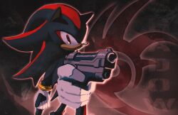  1boy animal_nose armlet black_fur black_nose commentary dual_wielding english_commentary furry furry_male gloves gold_armlet gun handgun hedgehog_boy highres holding holding_gun holding_weapon jewelry red_eyes rythayze shadow_the_hedgehog shadow_the_hedgehog_(game) short_tail sonic_(series) striped_fur tail two-tone_fur weapon white_gloves 