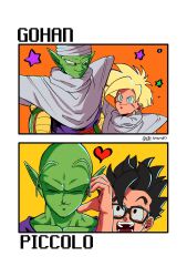  2boys age_comparison antennae aqua_eyes black_eyes black_hair blonde_hair character_name colored_skin commentary_request dragon_ball dragon_ball_super dragon_ball_super_super_hero dragon_ball_z dual_persona glasses green_skin hat highres ku_buirichi male_focus multiple_boys piccolo shoulder_pads son_gohan super_saiyan super_saiyan_1 twitter_username white_hat 
