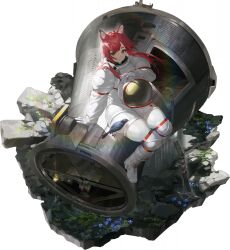  1girl animal_ears astronaut bird boots callsign:_cedar game_asset helmet highres long_hair looking_at_viewer official_art overgrown pola_(callsign:_cedar) rubble shoes sitting smile solo space_capsule space_helmet spacesuit third-party_source unworn_headwear white_shoes wind 