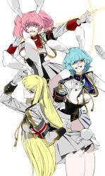  3girls absurdres ak_ag_an animal_ears aqua_hair armband ass black_armband black_leotard blonde_hair bow_(weapon) breasts brooch chiester00 chiester410 chiester45 chiester_sisters commentary gloves grin highres jewelry large_breasts leotard long_hair long_sleeves looking_at_viewer multiple_girls open_mouth pink_hair rabbit_ears rabbit_girl rabbit_tail red_eyes salute shaded_face short_hair showgirl_skirt skirt smile tail tassel twintails umineko_no_naku_koro_ni untranslatable_commentary weapon white_background white_gloves white_skirt 
