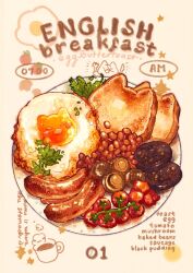  animal-themed_food beans black_pudding bread bread_slice butter cherry_tomato commentary english_breakfast english_commentary english_text food food_focus fried_egg highres mushroom nao_(bestrollever) no_humans original plate sausage toast tomato white_background 