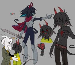  1boy 1other adoptive_siblings alternate_species alternate_universe androgynous animal_ears apple_(zwrmdh6qbk70623) asriel_dreemurr belt black_bodysuit black_fur black_hair bodysuit cape commentary_request delta_rune_print deltarune dual_persona english_text furry furry_male goat goat_boy goat_ears goat_horns green_jacket green_sweater grey_background heart highres holding holding_sword holding_weapon horns jacket kris_(dark_world)_(deltarune) kris_(deltarune) long_sleeves open_mouth other_focus pants red_cape red_eyes red_horns red_soul_(utdr) short_hair siblings simple_background smile soul_(character)_(deltarune) soul_(utdr) striped_clothes striped_sweater striped_sweater_vest sweat sweatdrop sweater sweater_vest sword tail utdr_(toby_fox) weapon white_fur 
