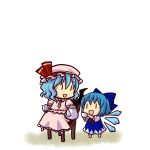  2girls blue_hair chibi cirno cup multiple_girls remilia_scarlet simple_background socha teacup touhou wings 