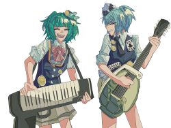  1boy 1girl ansatsu_kyoushitsu black_necktie blue_hair blue_vest closed_eyes commentary_request green_hair grin hat_ornament highres holding holding_instrument instrument kayano_kaede keyboard_(instrument) korean_commentary m_uramatsu_takuya necktie open_mouth playing_instrument shiota_nagisa shorts simple_background skirt smile vest white_background 
