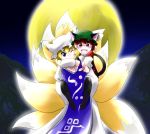  :d blonde_hair blue_eyes brown_eyes brown_hair cat_ears cat_tail chen fox_tail hat highres moon multiple_tails open_mouth piggyback pointing short_hair smile surcoat tail touhou wink yakumo_ran yume_shokunin 