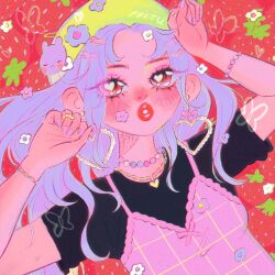  1girl artist_name black_shirt blush bracelet choker commentary earrings english_commentary flower food_print fruit_print gold_necklace green_hat hair_ornament hairclip hands_up hat heart heart_in_eye highres jewelry looking_at_viewer nail_polish necklace original pink_eyes purple_hair pyituu red_background ring shirt strawberry_print symbol_in_eye tank_top upper_body 