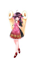  1girl :o absurdres ahoge blunt_bangs breasts brown_hair dress edomura_niniko food frilled_dress frills full_body highres holding holding_food kiritanpo_(food) long_hair looking_at_viewer official_art open_mouth pink_dress red_eyes red_shoes second-party_source shoes short_sleeves sidelocks simple_background small_breasts solo standing steamed_bun touhoku_kiritan transparent_background voiceroid 