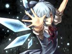  \o/ blue_eyes blue_hair bow cirno outstretched_arms ribbon sizu touhou wings 