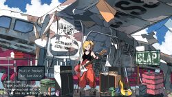  1girl aircraft amp bass_guitar black_shirt blonde_hair boots clouds commission copyright_request english_text freckles gloves highres holding holding_bass_guitar holding_instrument instrument jumpsuit official_art radio rokuban_(6thavenue) rust scenery shirt skeb_commission tomboy toolbox 