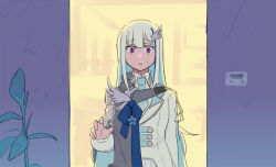  blue_bow blue_hair blue_necktie bow buttons cape colored_inner_hair commentary doorway double-breasted epaulettes grey_cape hair_ornament jacket kuujou_haru lapels lize_helesta lize_helesta_(military) long_hair long_sidelocks long_sleeves multicolored_hair necktie nijisanji notched_lapels parted_lips plant side_cape sidelocks single_epaulette sketch surprised sweatdrop two-tone_hair very_long_hair violet_eyes virtual_youtuber walk-in white_hair white_jacket 