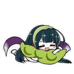  1girl :3 :d absurdres blush_stickers chibi chibi_only closed_eyes edomura_niniko full_body green_hair green_hairband hairband highres long_hair lying no_shoes official_art on_stomach open_mouth second-party_source simple_background smile socks solo touhoku_zunko transparent_background very_long_hair voiceroid white_socks 