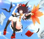  black_hair black_wings crow fan geta hat kurono_yuzuko pointy_ears pyonta red_eyes shameimaru_aya short_hair skirt tengu-geta tokin_hat touhou wings yuuko_(pixiv) 