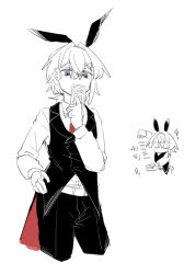  animal_ears blue_eyes card commentary covering_own_mouth dot_nose fake_animal_ears hair_between_eyes hair_intakes hair_ornament hairclip hand_on_own_hip hand_up highres holding holding_card kuujou_haru lapels long_bangs looking_at_viewer low_ponytail multicolored_eyes nijisanji notched_lapels one_ear_down pants partially_colored pink_eyes ponytail shirt short_ponytail shuffling_cards simple_background sketch sparkle tailcoat_playboy_bunny two-tone_eyes vest virtual_youtuber waistcoat white_shirt 