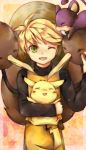  blonde_hair doduo green_eyes hat pika_(pokemon) pikachu pokemon pokemon_(creature) pokemon_special rattata reverse_trap tachiuo_(arines) wink yellow_(pokemon) 