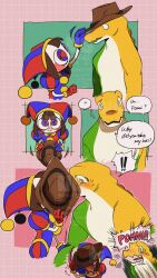  ! !! 1boy 1girl 831_overseasver blush commentary_request cowboy_hat crocodile_boy english_text furry furry_male gummigoo hat highres implied_kiss jester_cap multicolored_eyes open_mouth pomni_(the_amazing_digital_circus) smile speech_bubble spoken_exclamation_mark the_amazing_digital_circus 