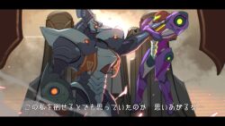  1boy 1girl arm_cannon armor assault_visor commentary_request from_side full_armor gravity_suit_(metroid) green_assault_visor helmet metroid metroid_dread multicolored_armor power_armor power_suit_(metroid) raven_beak_(metroid) red_helmet samus_aran shoulder_armor teke translation_request weapon 