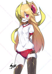  1girl absurdres adramelech_(mon-musu_quest!) arms_behind_back artist_name ass_visible_through_thighs ben1shoga blonde_hair breasts buruma collarbone colored_skin commentary_request covered_face curly_sidelocks eye_in_hair eye_mask gradient_hair hair_between_eyes half_eye_mask highres light_blush long_bangs long_hair looking_at_viewer mask mon-musu_quest! mon-musu_quest:_paradox multicolored_hair open_mouth red_buruma red_eyes red_trim school shiny_skin shirt sidelocks signature small_breasts smile solo sportswear starry_skin watermark white_background white_shirt white_skin yellow_mask 