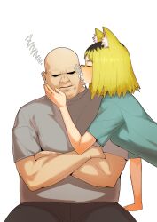 1boy 1girl absurdres animal_ear_fluff animal_ears aqua_shirt bald black_pants blonde_hair blush breasts cat_ears cat_girl closed_eyes crossed_arms etsushimaru_yakuko facing_another fat fat_man from_side grey_shirt hetero highres kiss kissing_cheek leaning_forward mature_male medium_hair nervous_sweating ootani_ouya pants shirt short_sleeves sleeping small_breasts sweat vvang_vvang_mon yani_neko